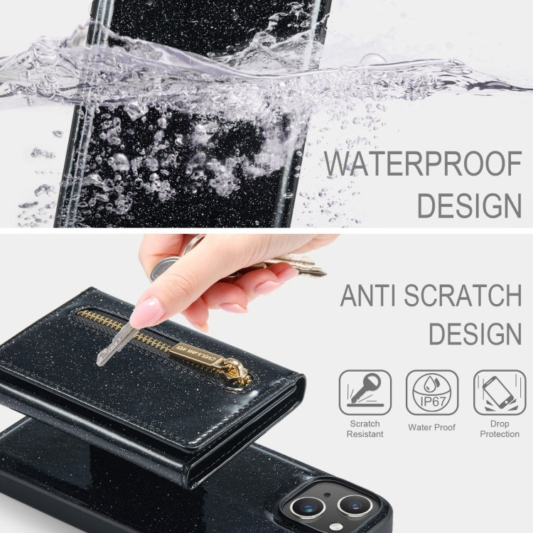 For iPhone 15 Plus DG.MING M3 Series Glitter Powder Card Bag Leather Phone Case(Black) - iPhone 15 Plus Cases by DG.MING | Online Shopping UK | buy2fix