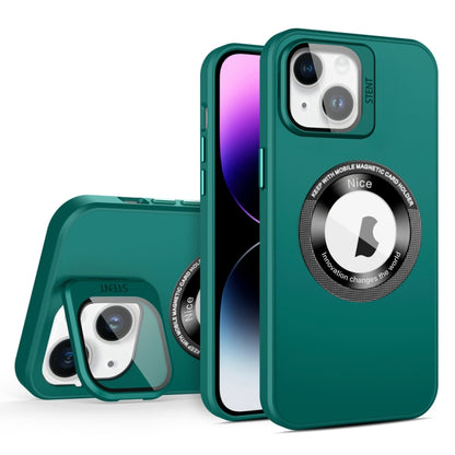 For iPhone 14 Plus Skin Feel Magnifier MagSafe Lens Holder Phone Case(Dark Green) - iPhone 14 Plus Cases by buy2fix | Online Shopping UK | buy2fix