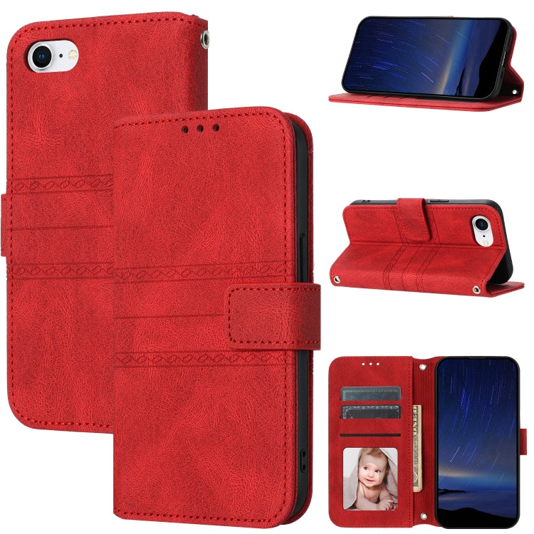 For iPhone SE 2024 Embossed Stripes Skin Feel Leather Phone Case(Red) - More iPhone Cases by buy2fix | Online Shopping UK | buy2fix