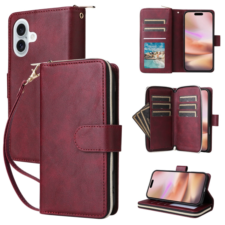 For iPhone 16 Plus 9 Card Slots Zipper Wallet Bag Leather Phone Case(Wine Red) - iPhone 16 Plus Cases by buy2fix | Online Shopping UK | buy2fix