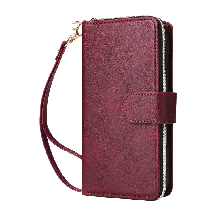 For iPhone 16 Plus 9 Card Slots Zipper Wallet Bag Leather Phone Case(Wine Red) - iPhone 16 Plus Cases by buy2fix | Online Shopping UK | buy2fix