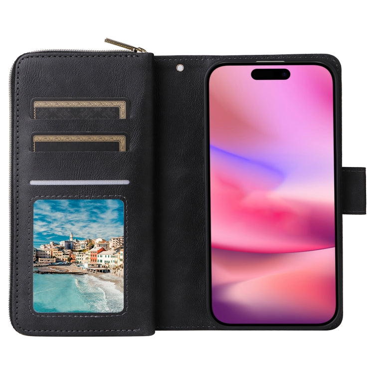 For iPhone 16 9 Card Slots Zipper Wallet Bag Leather Phone Case(Black) - iPhone 16 Cases by buy2fix | Online Shopping UK | buy2fix