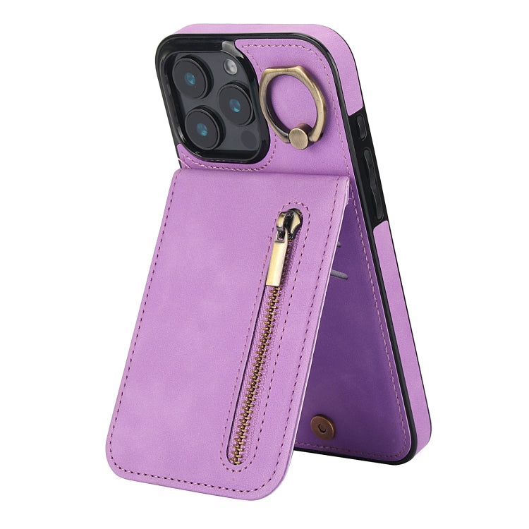 For iPhone 16 Pro Retro Ring and Zipper RFID Card Slot Phone Case(Purple) - iPhone 16 Pro Cases by buy2fix | Online Shopping UK | buy2fix