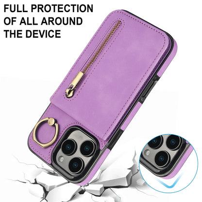 For iPhone 16 Pro Retro Ring and Zipper RFID Card Slot Phone Case(Purple) - iPhone 16 Pro Cases by buy2fix | Online Shopping UK | buy2fix