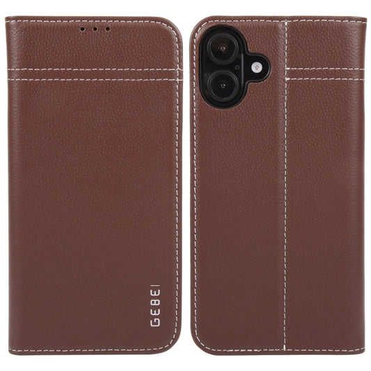 For iPhone 16 Plus GEBEI Top-grain Horizontal Flip Leather Phone Case(Brown) - iPhone 16 Plus Cases by GEBEI | Online Shopping UK | buy2fix