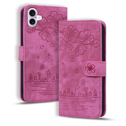 For iPhone 16 Plus Cartoon Sakura Cat Embossed Leather Phone Case(Rose Red) - iPhone 16 Plus Cases by buy2fix | Online Shopping UK | buy2fix