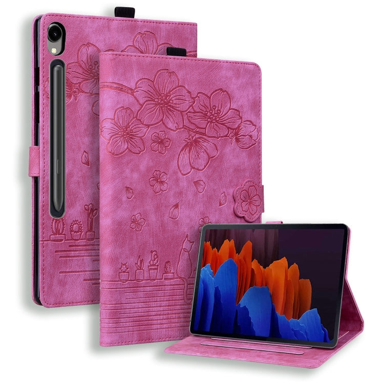 For Samsung Galaxy Tab S9 FE Cartoon Sakura Cat Embossed Leather Tablet Case(Rose Red) - Galaxy Tab S9 FE by buy2fix | Online Shopping UK | buy2fix