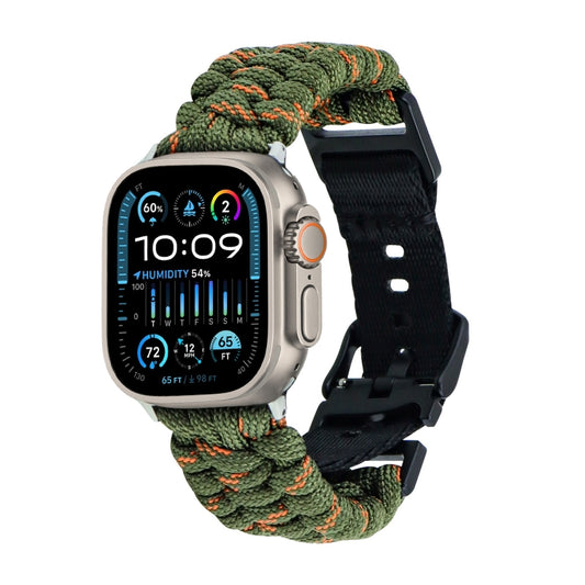 For Apple Watch Ultra 49mm Paracord Plain Braided Webbing Buckle Watch Band(Army Green Orange) - Watch Bands by buy2fix | Online Shopping UK | buy2fix