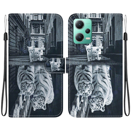 For Xiaomi Redmi Note 12 5G Crystal Texture Colored Drawing Leather Phone Case(Cat Tiger Reflection) - Xiaomi Cases by buy2fix | Online Shopping UK | buy2fix