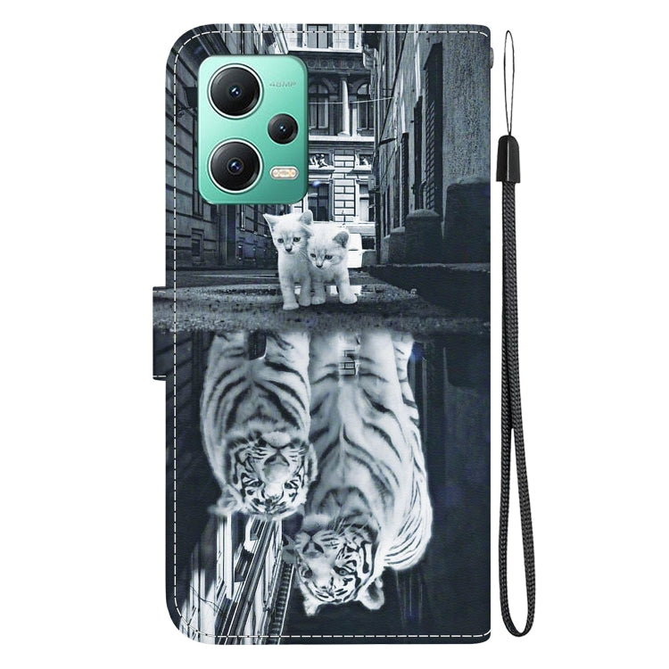 For Xiaomi Redmi Note 12 5G Crystal Texture Colored Drawing Leather Phone Case(Cat Tiger Reflection) - Xiaomi Cases by buy2fix | Online Shopping UK | buy2fix