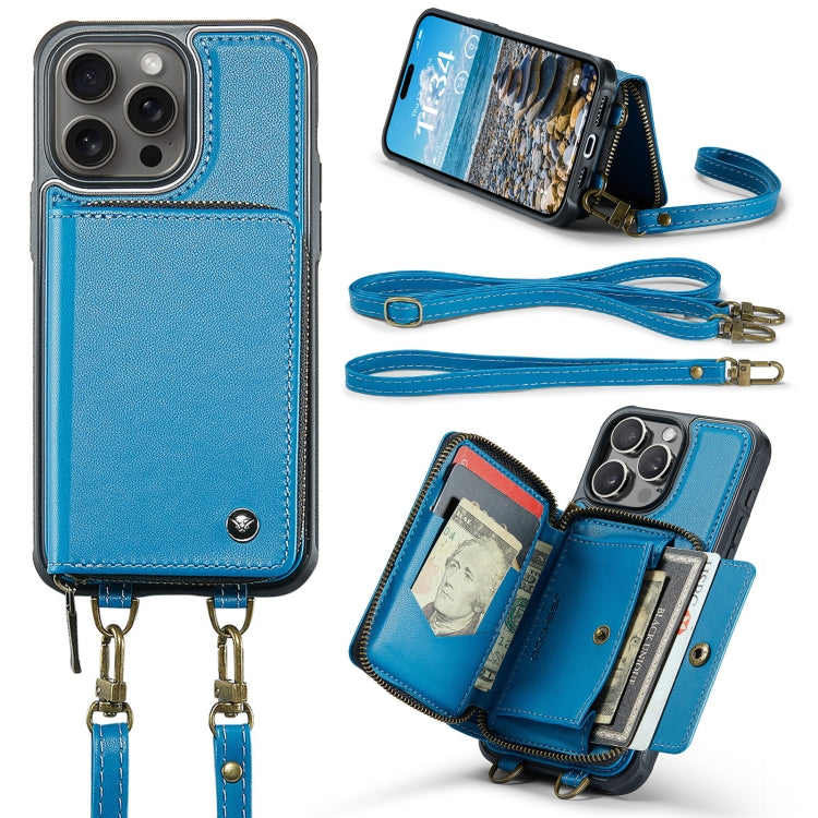 For iPhone 16 Pro JEEHOOD C22 Series Zipper Wallet Leather Phone Case with Dual Lanyard(Blue) - iPhone 16 Pro Cases by JEEHOOD | Online Shopping UK | buy2fix