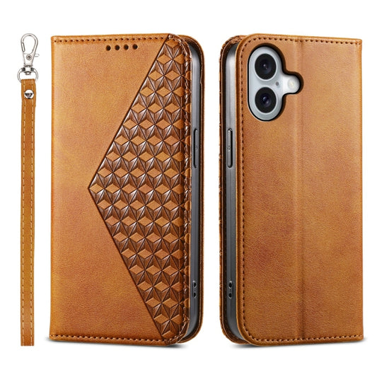 For iPhone 16 Cubic Grid Calf Texture Magnetic Leather Phone Case(Yellow) - iPhone 16 Cases by buy2fix | Online Shopping UK | buy2fix