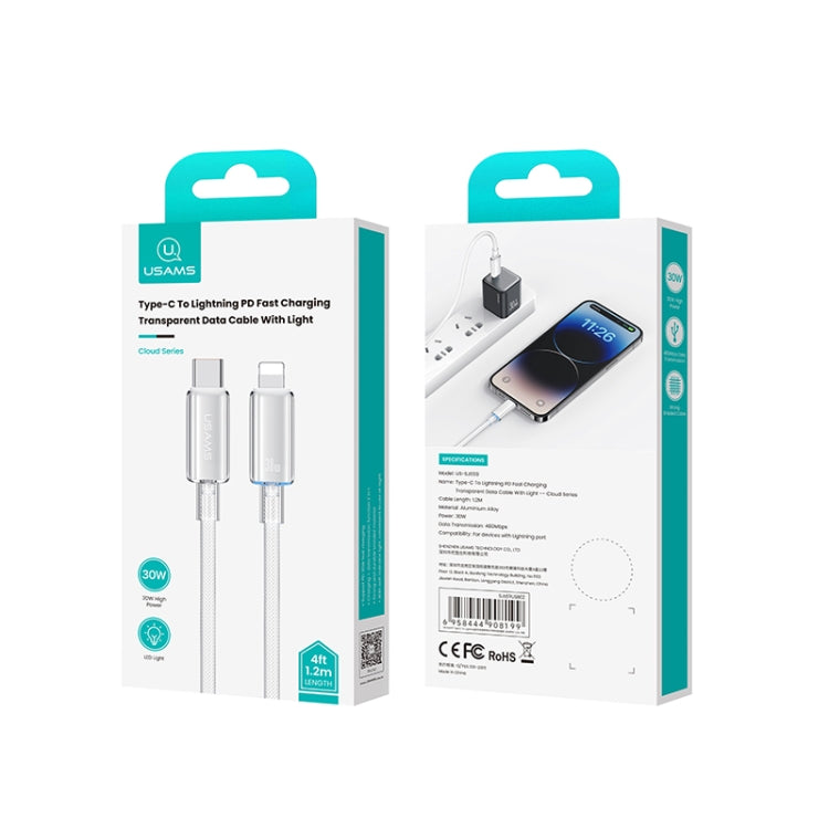 USAMS Type-C To 8 Pin Aluminum Alloy Clear LED 30W PD Fast Charge Data Cable, Length:1.2m(Blue) - 2 in 1 Cable by USAMS | Online Shopping UK | buy2fix