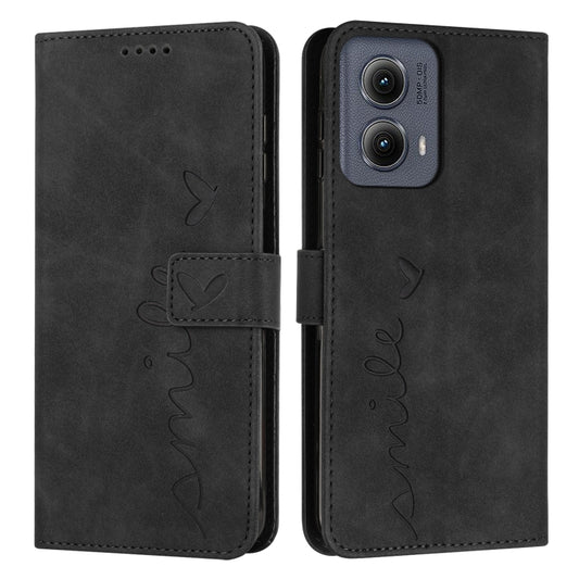 For Motorola Edge 5G 2024 Skin Feel Heart Embossed Leather Phone Case with Long Lanyard(Black) - Motorola Cases by buy2fix | Online Shopping UK | buy2fix