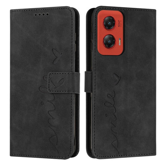 For Motorola Moto G Stylus 5G 2024 Skin Feel Heart Embossed Leather Phone Case with Long Lanyard(Black) - Motorola Cases by buy2fix | Online Shopping UK | buy2fix