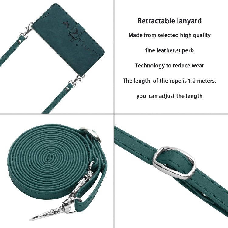 For Xiaomi Redmi K70 / K70 Pro Skin Feel Heart Embossed Leather Phone Case with Long Lanyard(Green) - K70 Pro Cases by buy2fix | Online Shopping UK | buy2fix