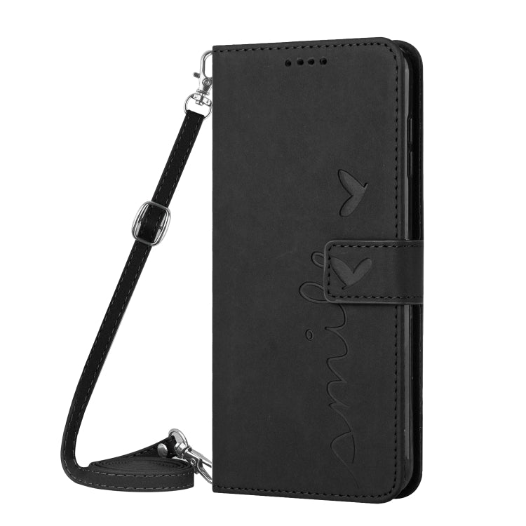 For Xiaomi Redmi Note 13 Pro 4G Global Skin Feel Heart Embossed Leather Phone Case with Long Lanyard(Black) - Note 13 Pro Cases by buy2fix | Online Shopping UK | buy2fix