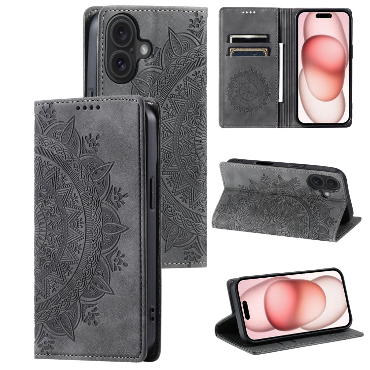 For iPhone 16 Totem Embossed Magnetic Leather Phone Case(Grey) - iPhone 16 Cases by buy2fix | Online Shopping UK | buy2fix