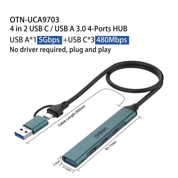 Onten UCA9703 4 in 2 USB 3.0 + Type-C to 3 Type-C + USB HUB Docking Station (Pine Needle Green) - USB 3.0 HUB by Onten | Online Shopping UK | buy2fix