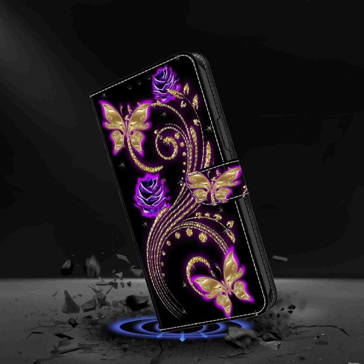 For Honor Magic5 Pro Crystal 3D Shockproof Protective Leather Phone Case(Purple Flower Butterfly) - Honor Cases by buy2fix | Online Shopping UK | buy2fix