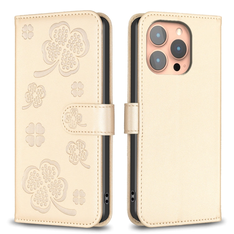 For iPhone 16 Pro Four-leaf Embossed Leather Phone Case(Gold) - iPhone 16 Pro Cases by buy2fix | Online Shopping UK | buy2fix