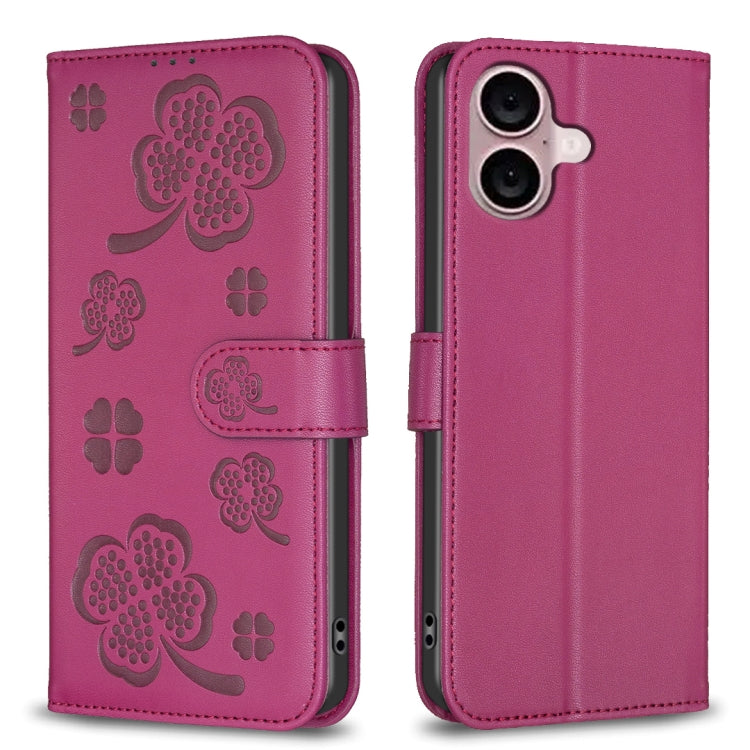 For iPhone 16 Plus Four-leaf Embossed Leather Phone Case(Rose Red) - iPhone 16 Plus Cases by buy2fix | Online Shopping UK | buy2fix