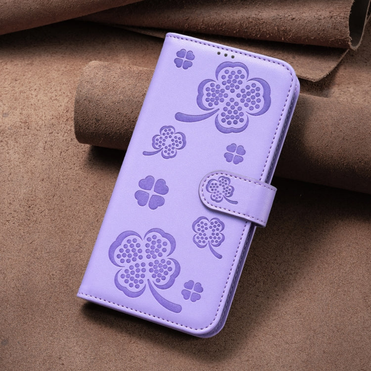 For iPhone 16 Four-leaf Embossed Leather Phone Case(Purple) - iPhone 16 Cases by buy2fix | Online Shopping UK | buy2fix