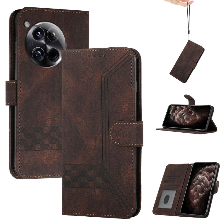 Cubic Skin Feel Flip Leather Phone Case For OnePlus 12(Brown) - OnePlus Cases by buy2fix | Online Shopping UK | buy2fix