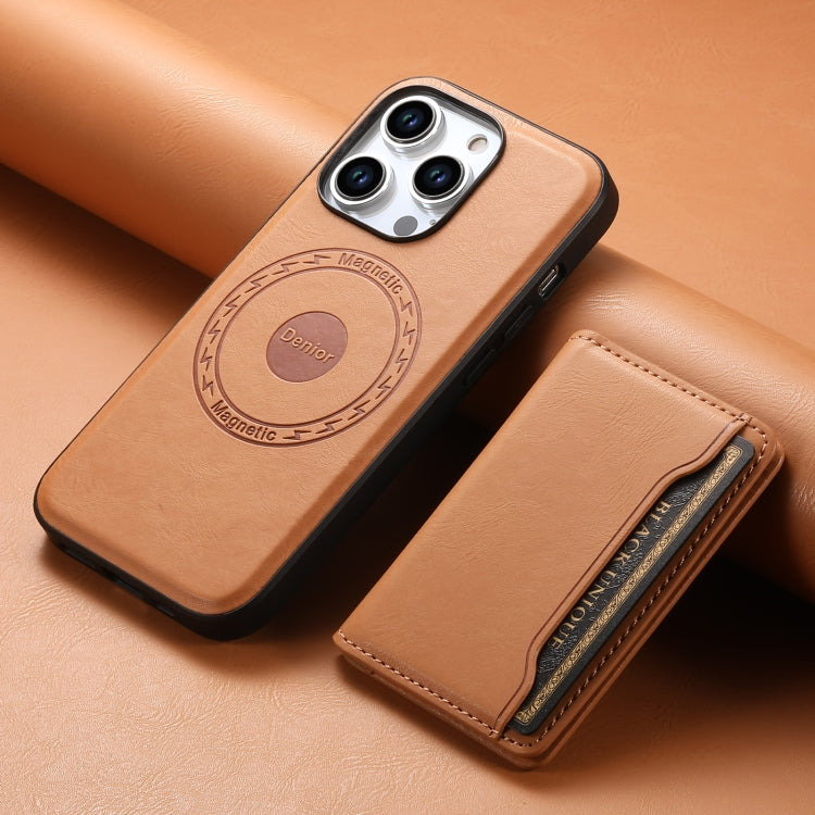 For iPhone 15 Plus Denior Cowhide Texture Leather MagSafe Detachable Wallet Phone Case(Khaki) - iPhone 15 Plus Cases by Denior | Online Shopping UK | buy2fix