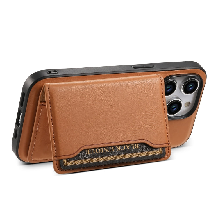 For iPhone 15 Plus Denior Cowhide Texture Leather MagSafe Detachable Wallet Phone Case(Khaki) - iPhone 15 Plus Cases by Denior | Online Shopping UK | buy2fix