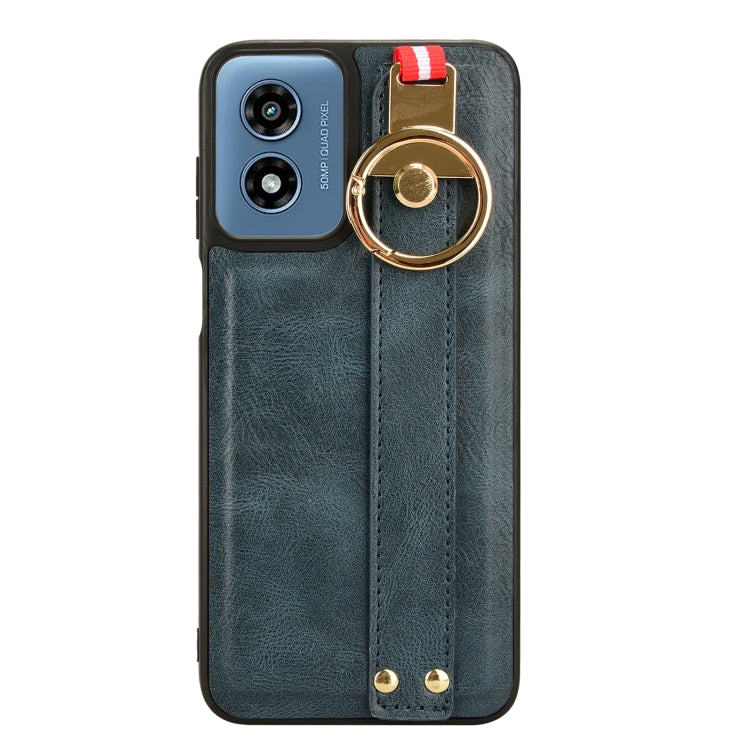 For Motorola Moto G Play 4G 2024 Wristband Leather Back Phone Case(Blue) - Motorola Cases by buy2fix | Online Shopping UK | buy2fix