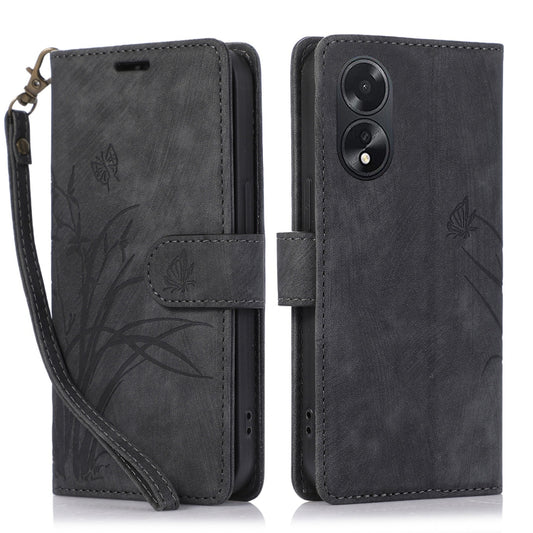 For OPPO A18 / A38 Orchid Butterfly Embossed Leather Phone Case(Black) - A18 Cases by buy2fix | Online Shopping UK | buy2fix