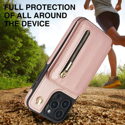 For iPhone 16 Pro Max YM006 Skin Feel Zipper Card Bag Phone Case with Dual Lanyard(Rose Gold) - iPhone 16 Pro Max Cases by buy2fix | Online Shopping UK | buy2fix