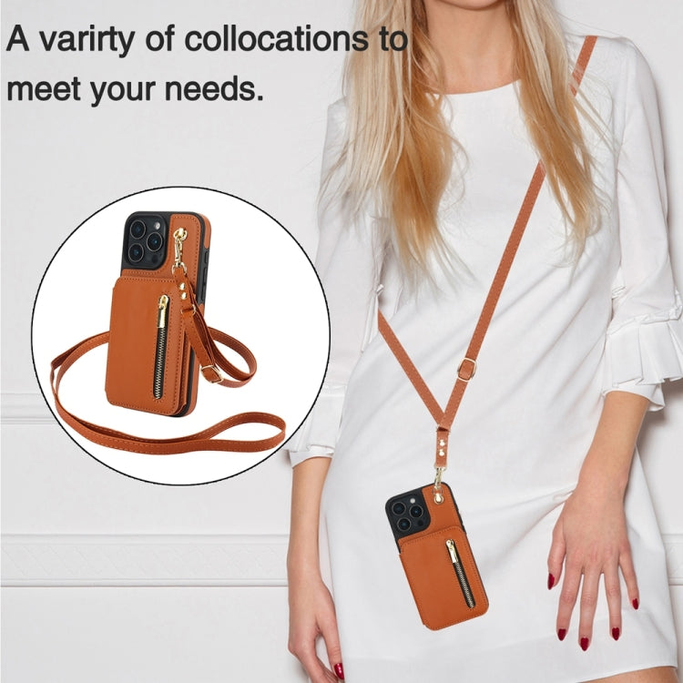 For iPhone 16 Pro Max YM006 Skin Feel Zipper Card Bag Phone Case with Dual Lanyard(Brown) - iPhone 16 Pro Max Cases by buy2fix | Online Shopping UK | buy2fix