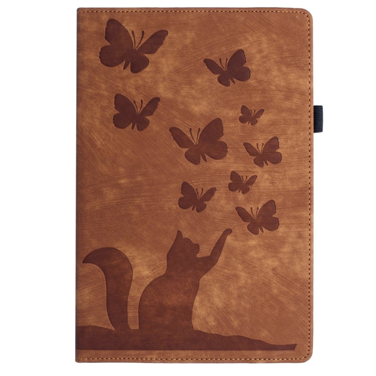 For Samsung Galaxy Tab S9 Ultra / S8 Ultra Butterfly Cat Embossing Leather Tablet Case(Brown) - Galaxy Tab S9 Ultra Cases by buy2fix | Online Shopping UK | buy2fix