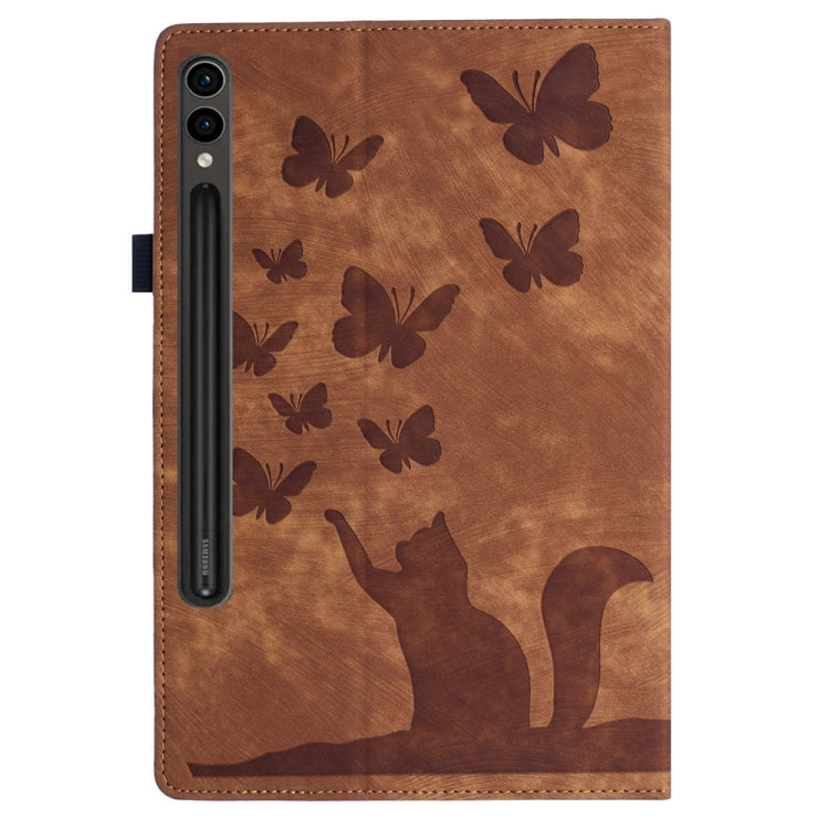 For Samsung Galaxy Tab S9 Ultra / S8 Ultra Butterfly Cat Embossing Leather Tablet Case(Brown) - Galaxy Tab S9 Ultra Cases by buy2fix | Online Shopping UK | buy2fix