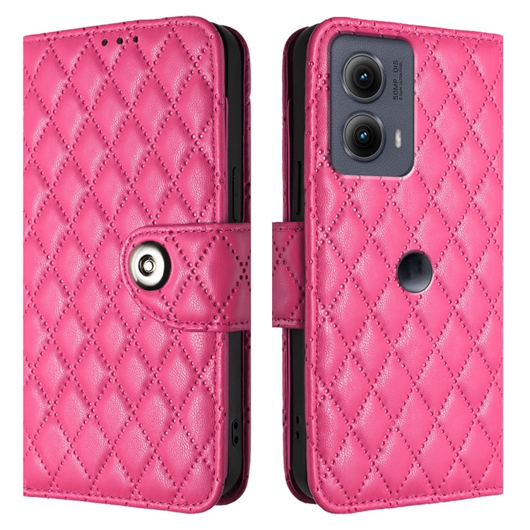 For Motorola Edge 2024 Rhombic Texture Flip Leather Phone Case with Lanyard(Rose Red) - Motorola Cases by buy2fix | Online Shopping UK | buy2fix