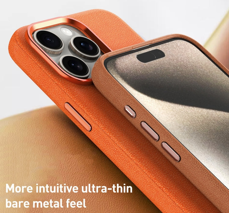 For iPhone 15 Metal Lens Frame Leather Magsafe Full Coverage Shockproof Phone Case(Brown) - iPhone 15 Cases by buy2fix | Online Shopping UK | buy2fix