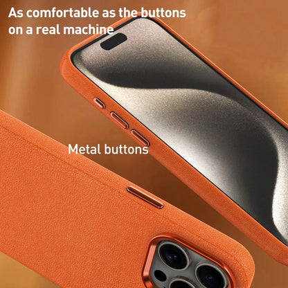 For iPhone 15 Pro Metal Lens Frame Leather Magsafe Full Coverage Shockproof Phone Case(Orange) - iPhone 15 Pro Cases by buy2fix | Online Shopping UK | buy2fix