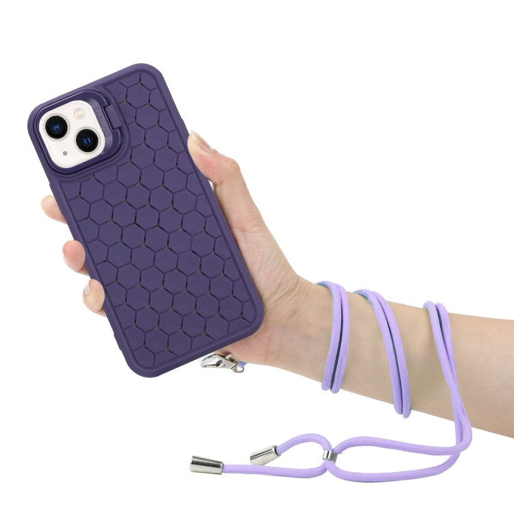 For iPhone 14 Honeycomb Radiating Lens Holder Magsafe Phone Case with Lanyard(Purple) - iPhone 14 Cases by buy2fix | Online Shopping UK | buy2fix