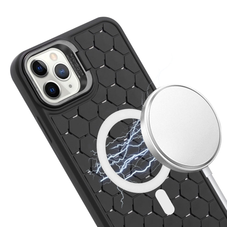 For iPhone 16 Pro Honeycomb Radiating Lens Holder Magsafe Phone Case with Lanyard(Black) - iPhone 16 Pro Cases by buy2fix | Online Shopping UK | buy2fix