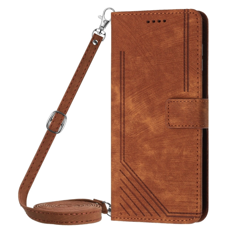 For OnePlus 13 Skin Feel Stripe Pattern Leather Phone Case with Lanyard(Brown) - OnePlus Cases by buy2fix | Online Shopping UK | buy2fix