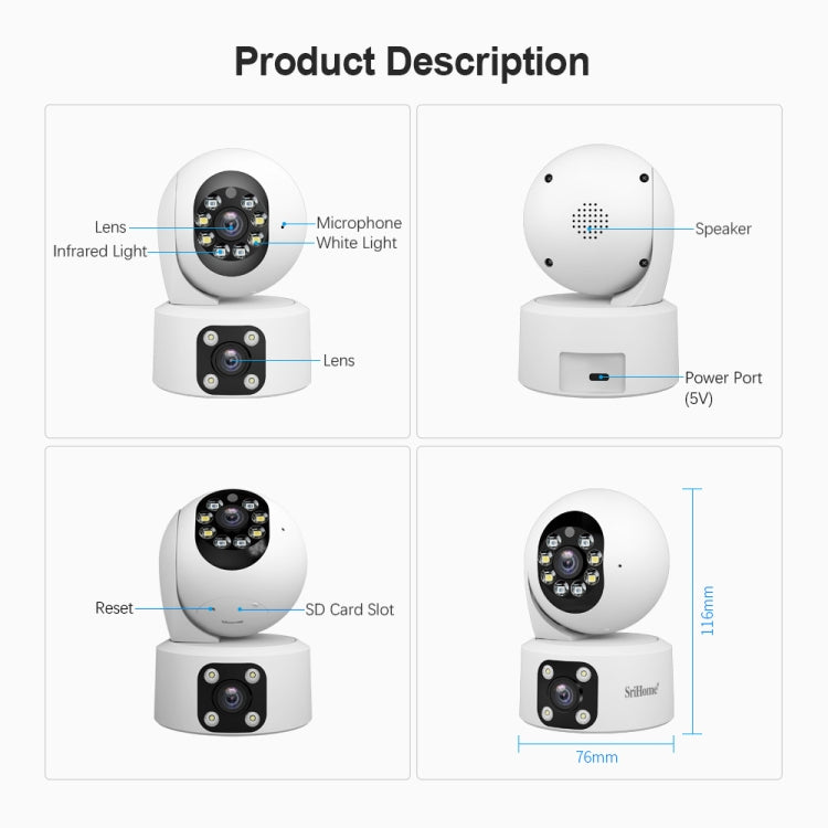 SriHome SH049 2MP + 2MP Humanoid Tracking Smart Night Vision Dual Lens HD IP Camera(UK Plug) - Wireless Camera by SriHome | Online Shopping UK | buy2fix