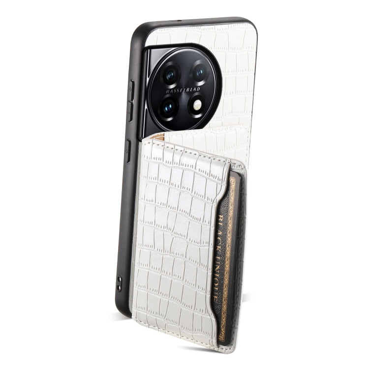 For OnePlus 11 Crocodile Texture Card Bag Design Full Coverage Phone Case(White) - OnePlus Cases by buy2fix | Online Shopping UK | buy2fix