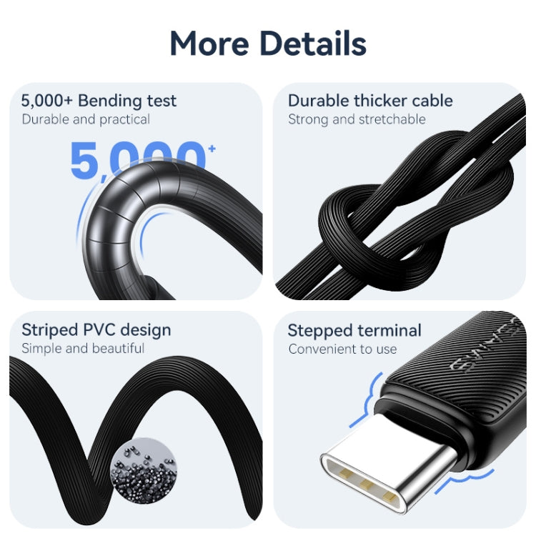 USAMS US-SJ693 USB to USB-C / Type-C 3A Striped Fast Charge Data Cable, Length:2m(Black) - USB-C & Type-C Cable by USAMS | Online Shopping UK | buy2fix