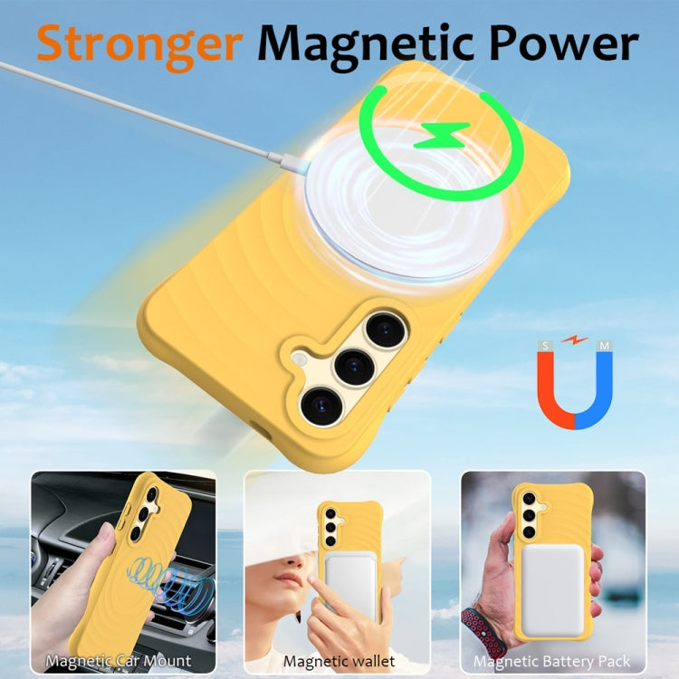 For Samsung Galaxy S25 5G Wave Texture MagSafe Magnetic Liquid Silicone Phone Case(Yellow) - Galaxy S25 5G Cases by buy2fix | Online Shopping UK | buy2fix