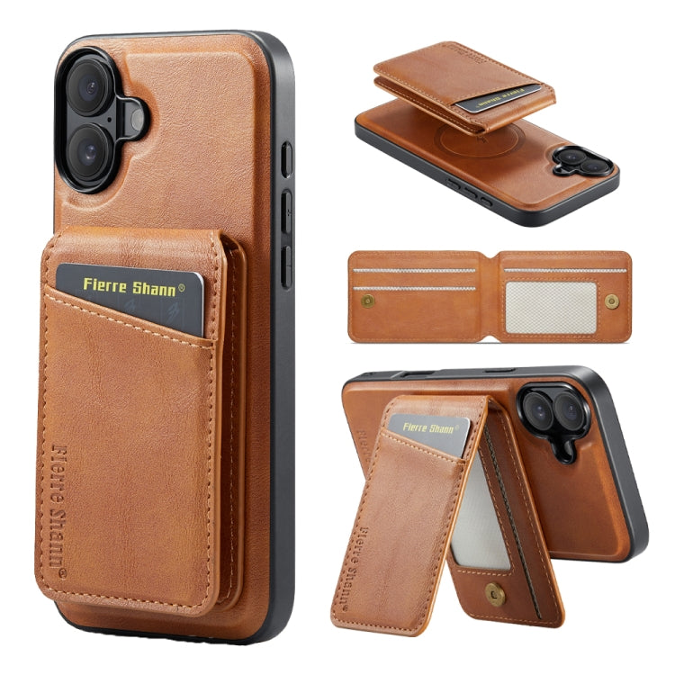 For iPhone 16 Fierre Shann Cowhide Vertical Flip Magnetic Card Holder Phone Case(Brown) - iPhone 16 Cases by FIERRE SHANN | Online Shopping UK | buy2fix