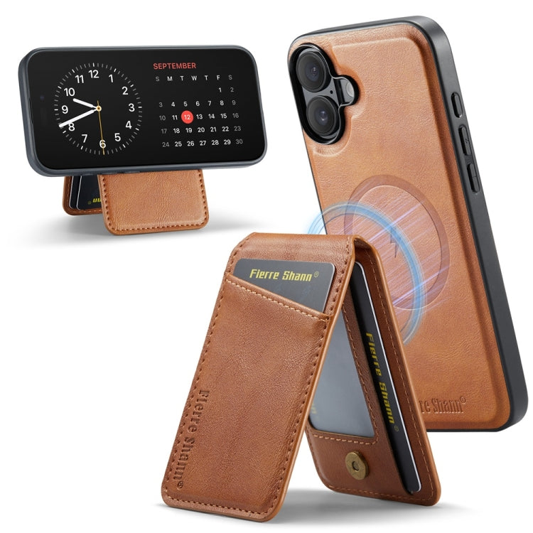 For iPhone 16 Fierre Shann Cowhide Vertical Flip Magnetic Card Holder Phone Case(Brown) - iPhone 16 Cases by FIERRE SHANN | Online Shopping UK | buy2fix