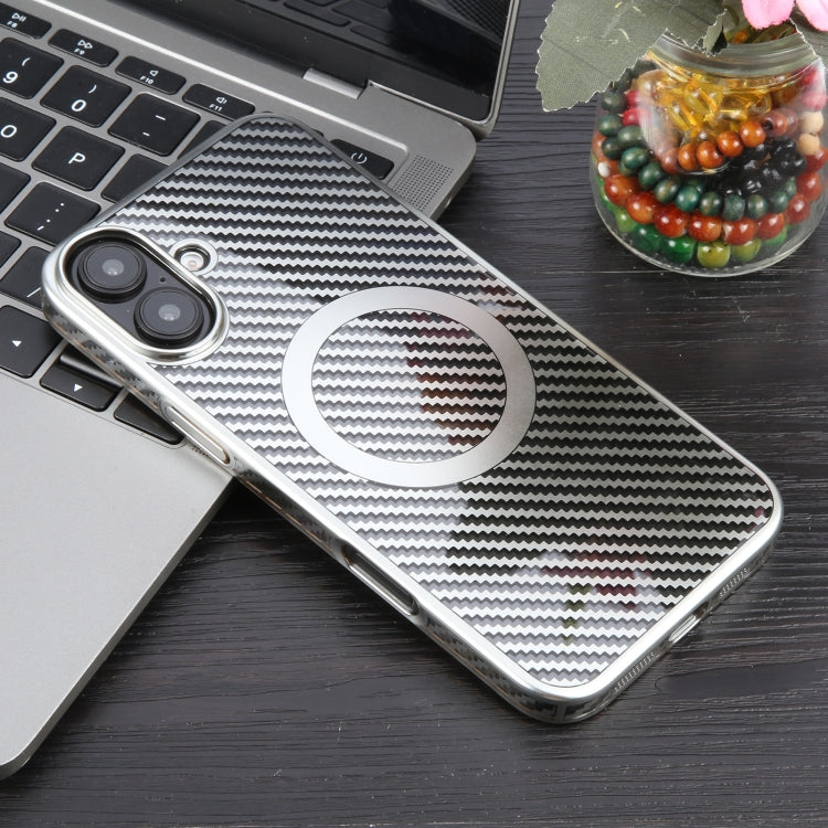 For iPhone 16 6D Plated Carbon Fiber Clear Magsafe PC Phone Case(Starlight Silver) - iPhone 16 Cases by buy2fix | Online Shopping UK | buy2fix