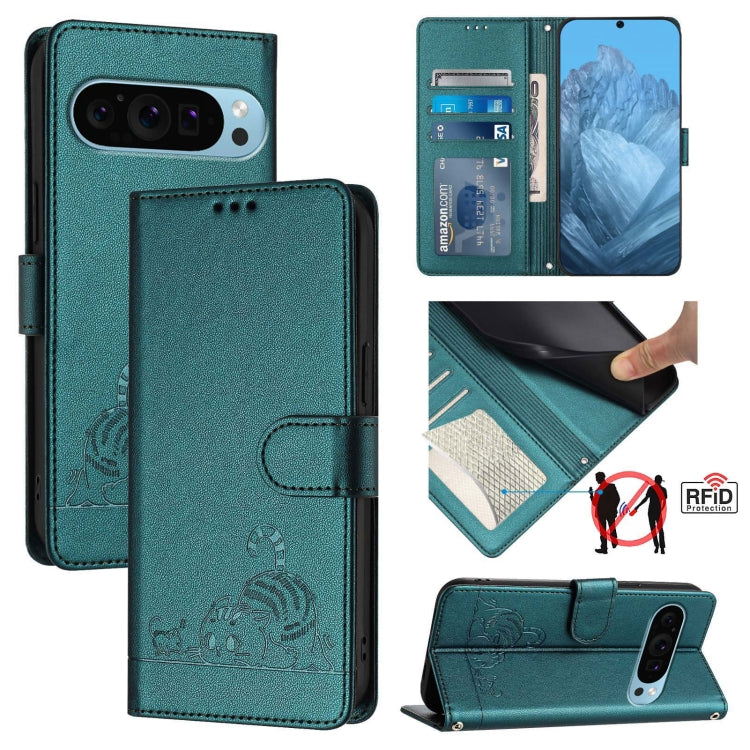 For Google Pixel 9 / 9 Pro Cat Rat Embossed Pattern RFID Leather Phone Case with Lanyard(Peacock Green) - Google Cases by buy2fix | Online Shopping UK | buy2fix